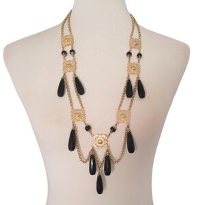 Vintage - Gold‎ Medallion and Black Aycrlic Tear Drop Bead Statement Necklace